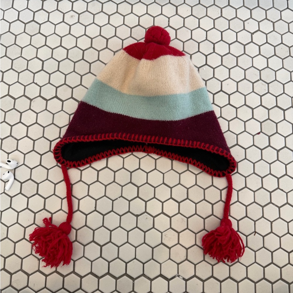 Patagonia Striped Kids Wool Winter Hat with ear flaps and Pom Poms, size medium
